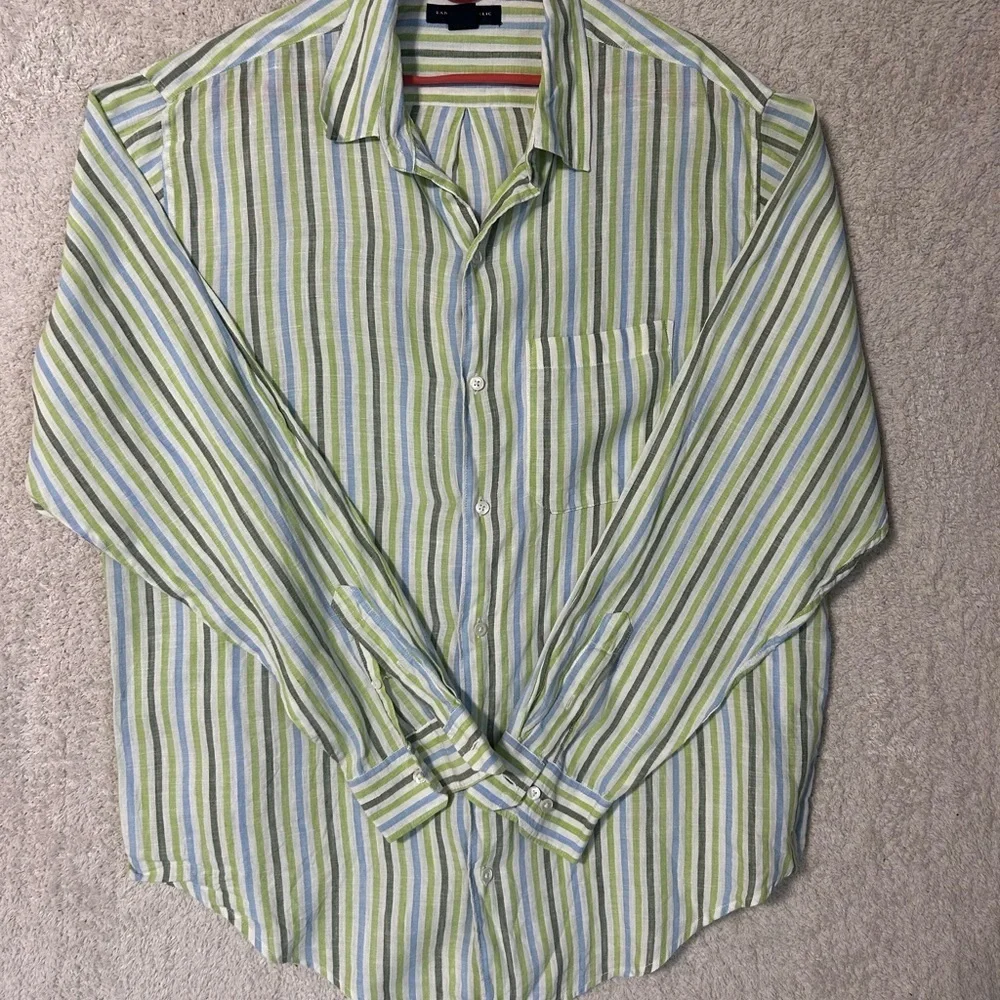 Banana Republic Green Striped Casual Button Down Shirt linen